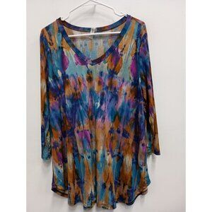 Honeyme Tunic Top Womens Size Large Multi Tie Dye BOHO Hippie 3/4 Sleeve